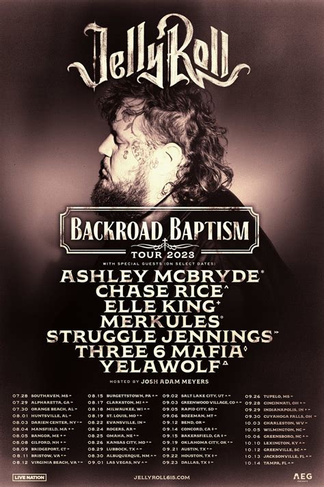 Backroad baptism tour - Jelly Roll: Backroad Baptism Tour 2023 at Veterans United Home Loans Amphitheater at Virginia Beach on Saturday, August 12, 2023. Support: Ashley McBryde, Struggle Jennings, & Josh Adam Meyers. Tags: Jelly Roll: Backroad Baptism Tour 2023. Date Jul 12 2023 Expired! Time 7:00 pm - 11:00 pm.
